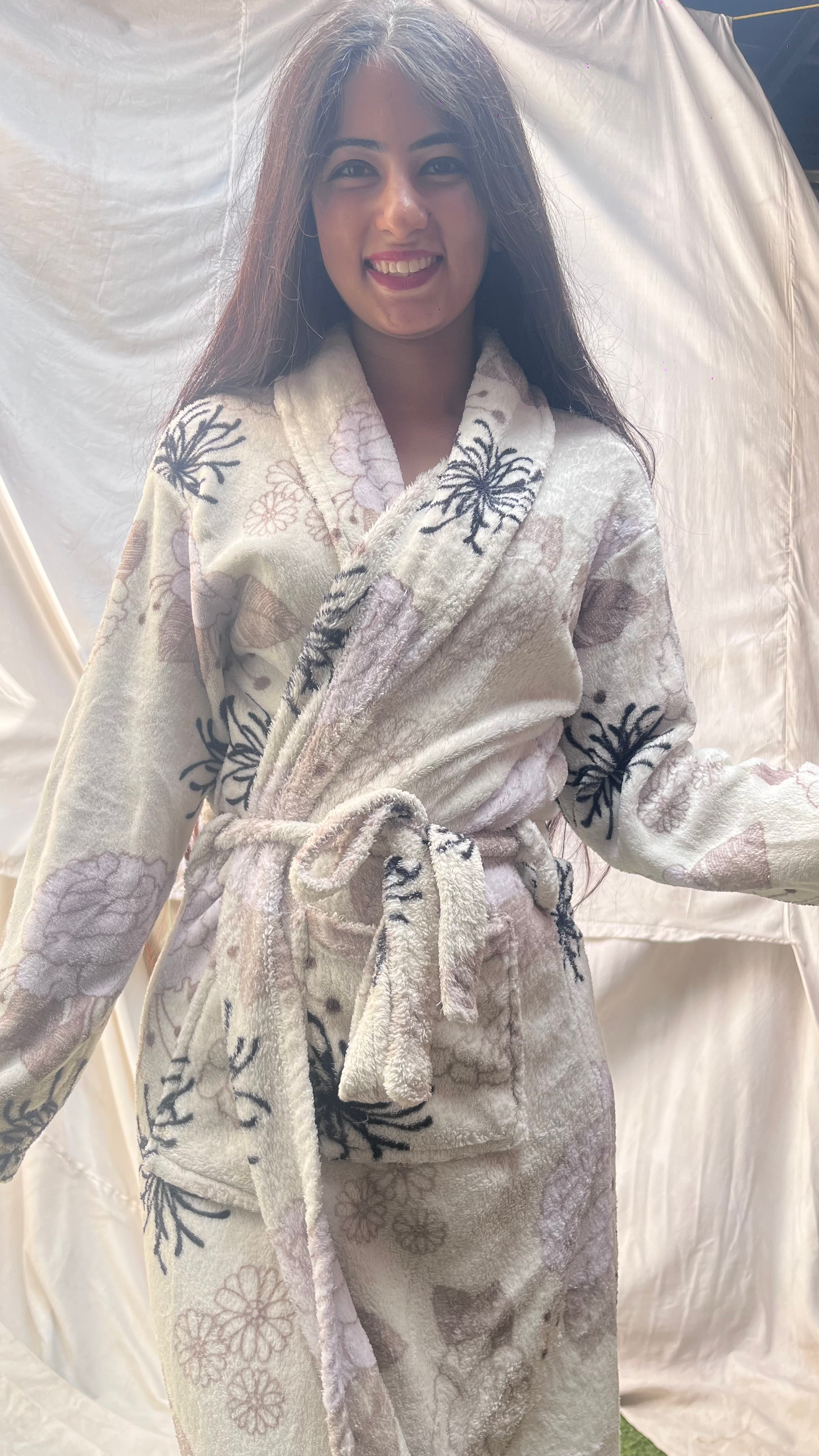 White printed full length plush soft robe