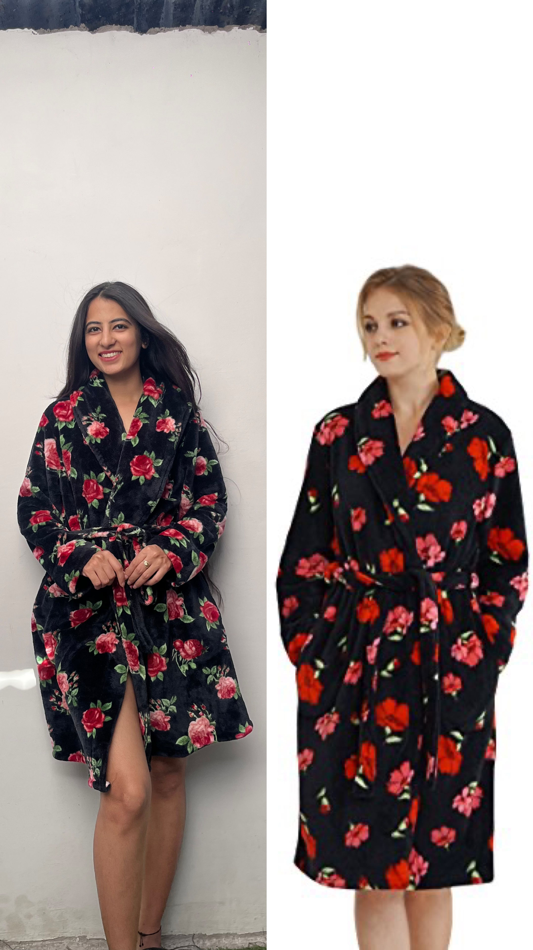 Black bathrobe with red rose prints