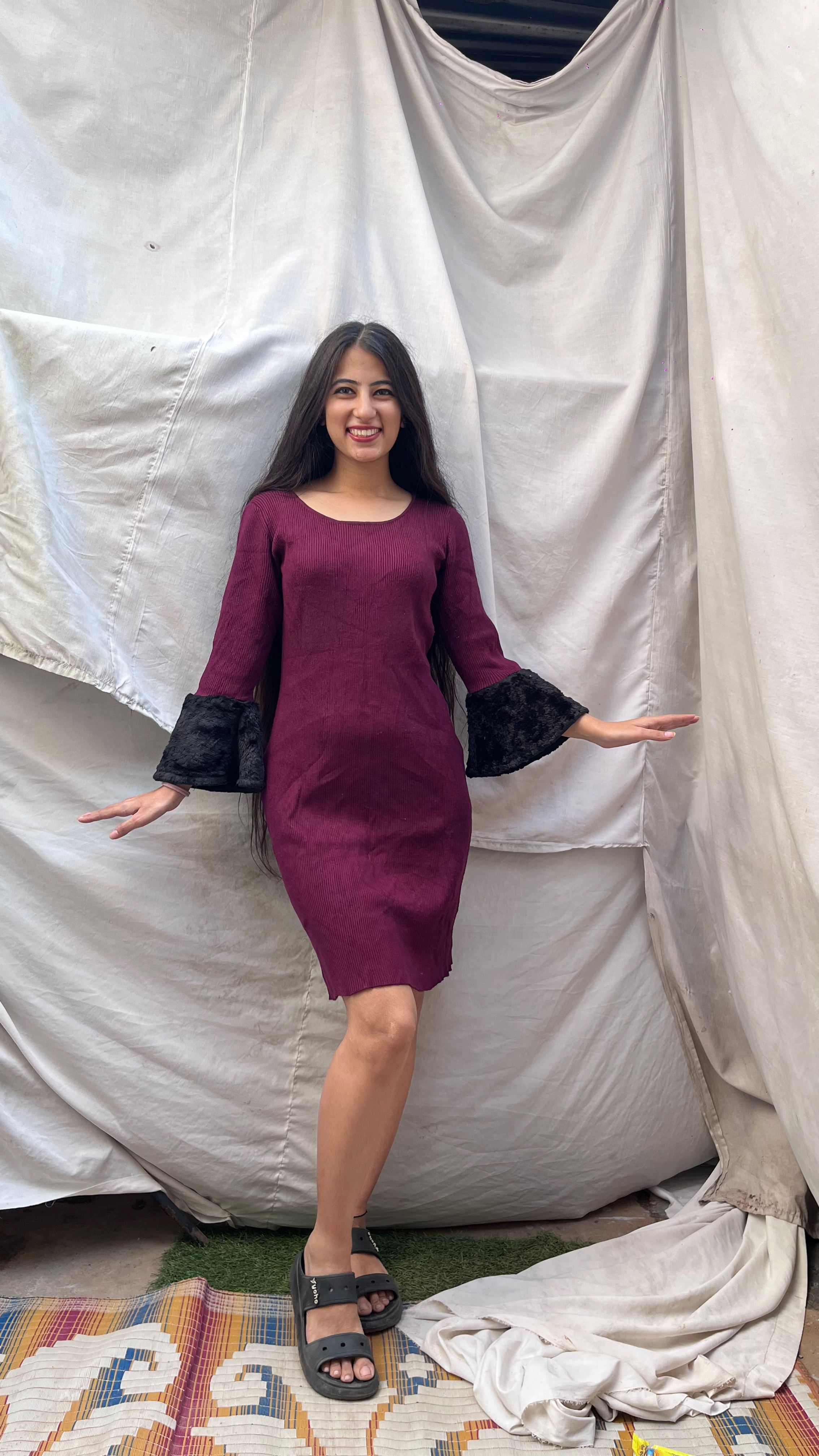 Wine colour luxurious winter dress