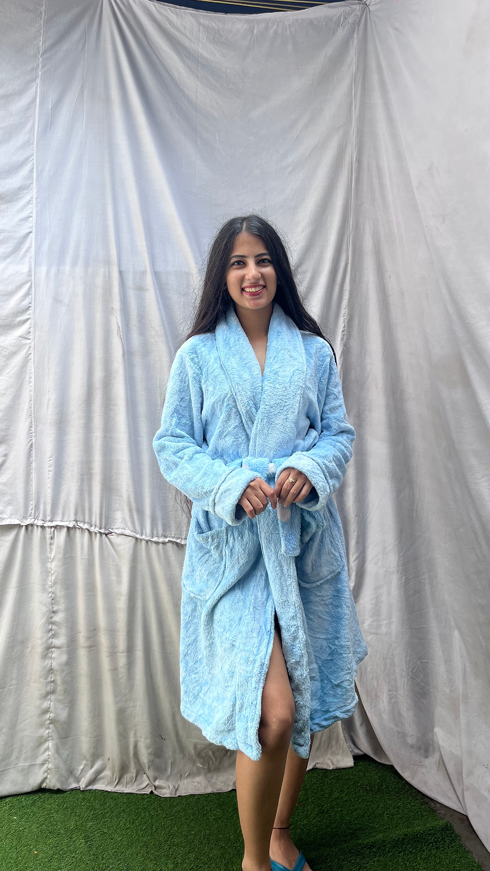 Thumbnail: Light blue plush soft knee length robe