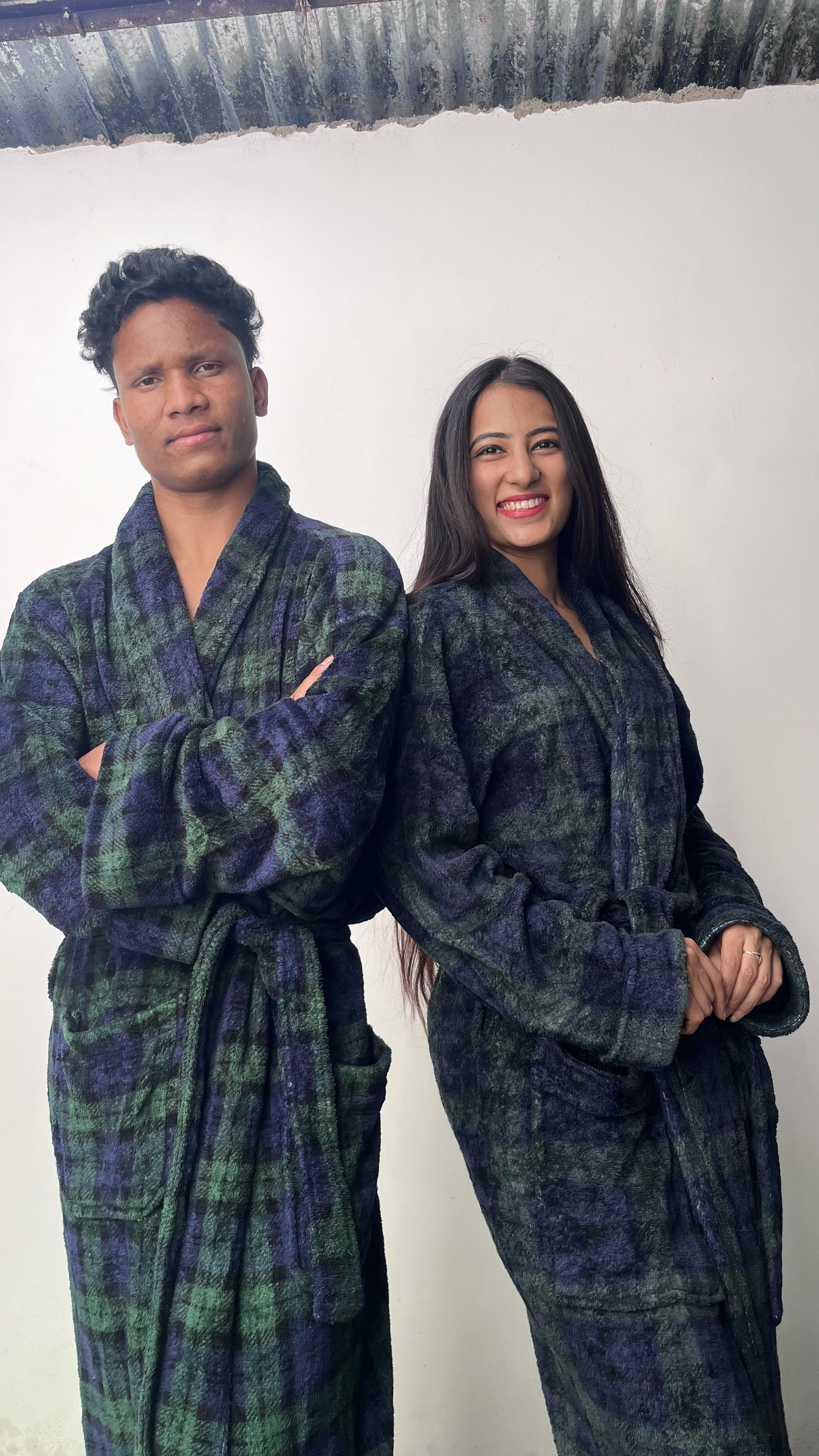 Green and blue checkered couple bathrobe