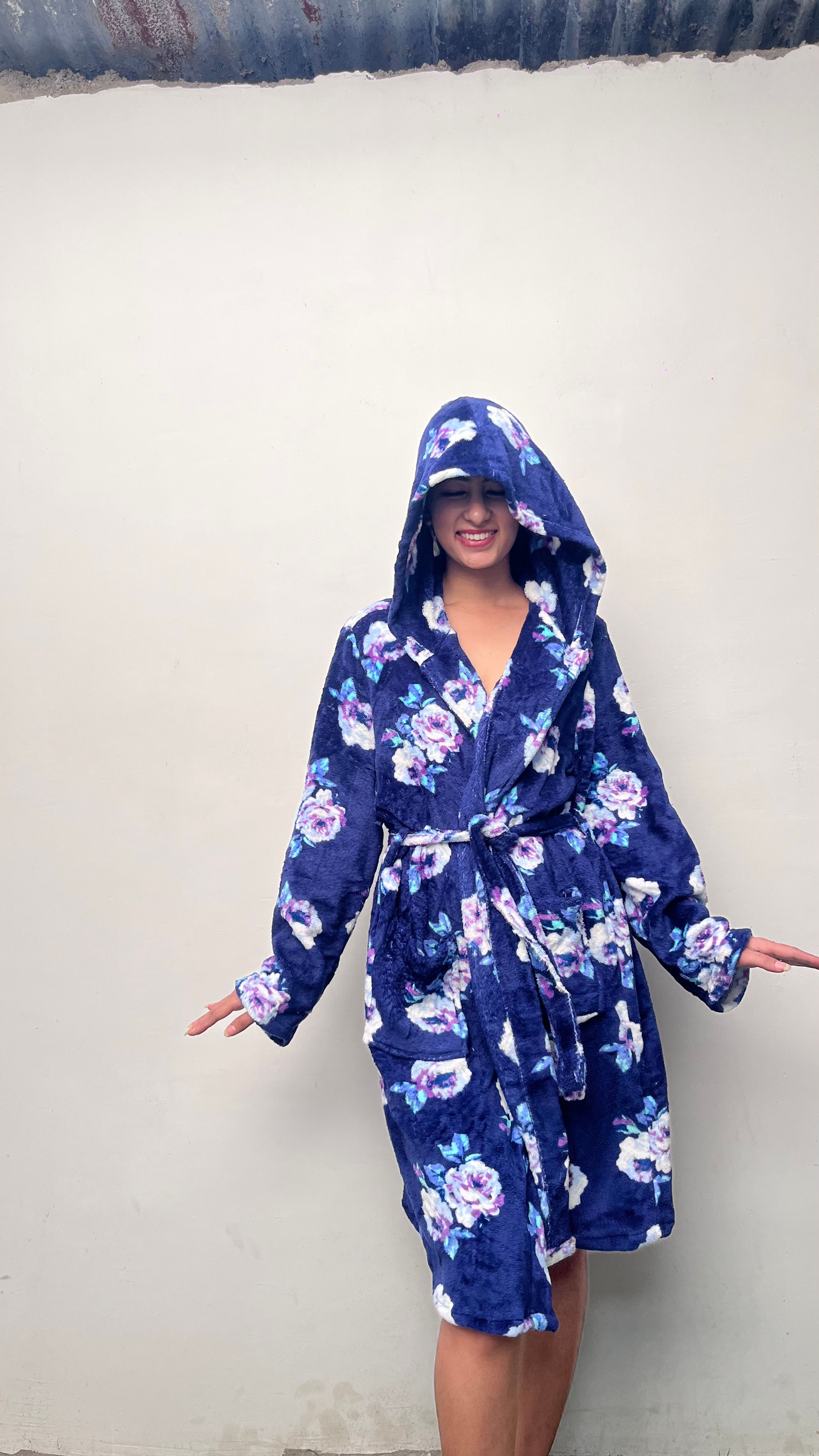 Blue floral hoodie bathrobe
