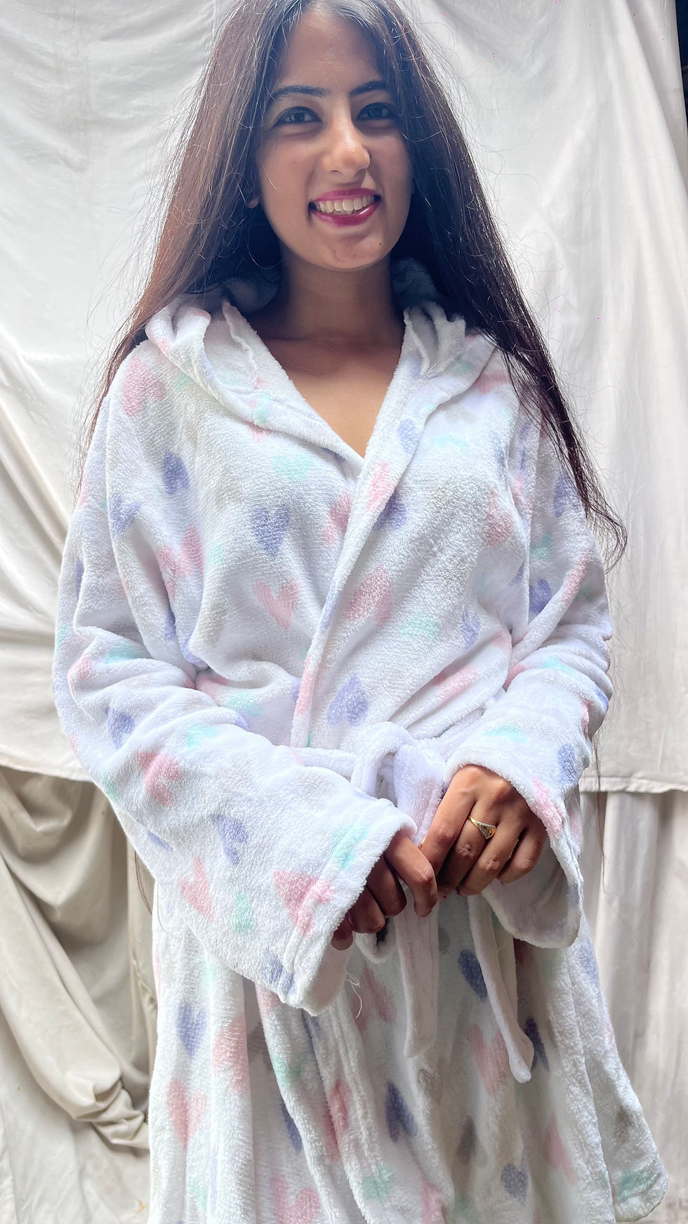 Thumbnail: Heart printed hoodie plush soft robe