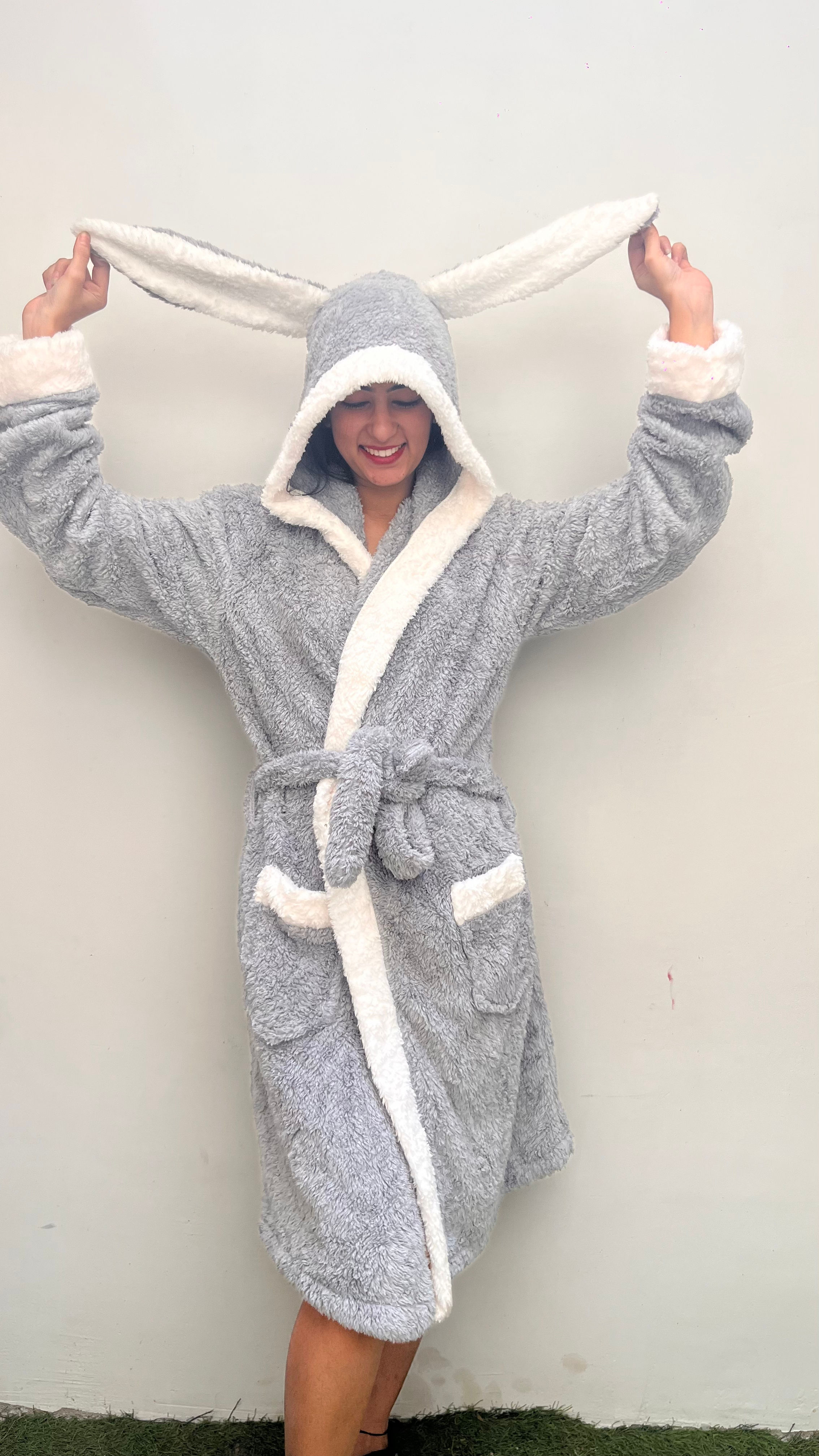 bunny ears hoodie grey bathrobe