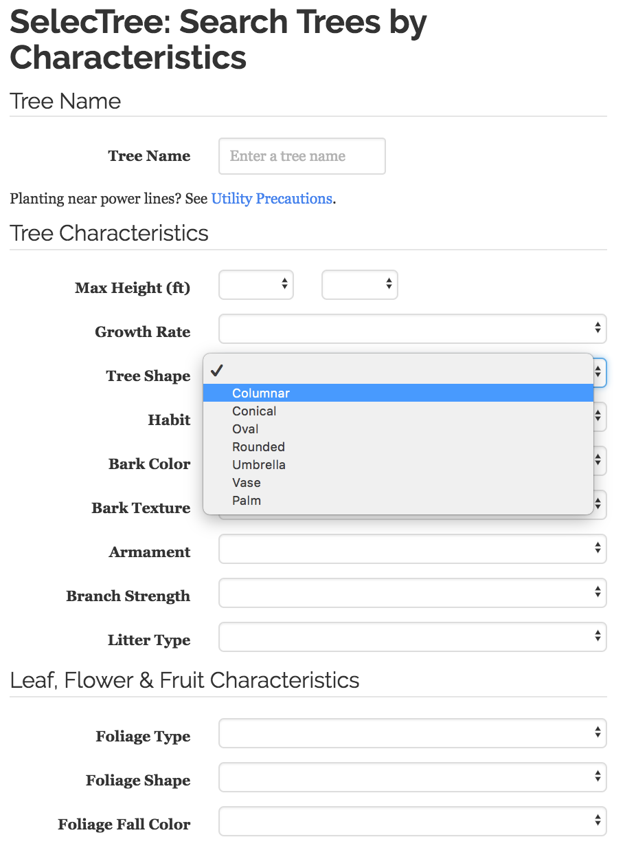 SelecTree's Search Trees by Characteristics feature.