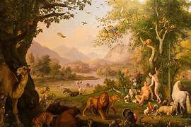 A serene paradise scene with diverse animals, birds in flight, two figures under a tree, lush greenery, and mountains in the background.