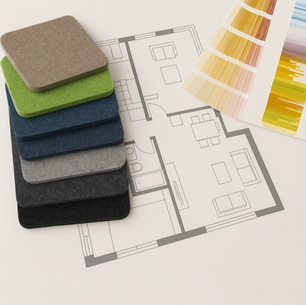 Akustik keçe numuneleri ve mimari plan