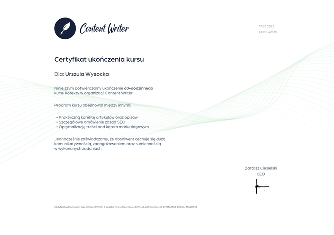 Certyfikat ukończenia kursu korekty tekstów