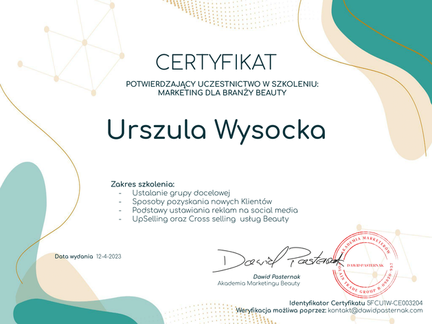Certyfikat ukończenia szkolenia z marketingu dla branży beauty