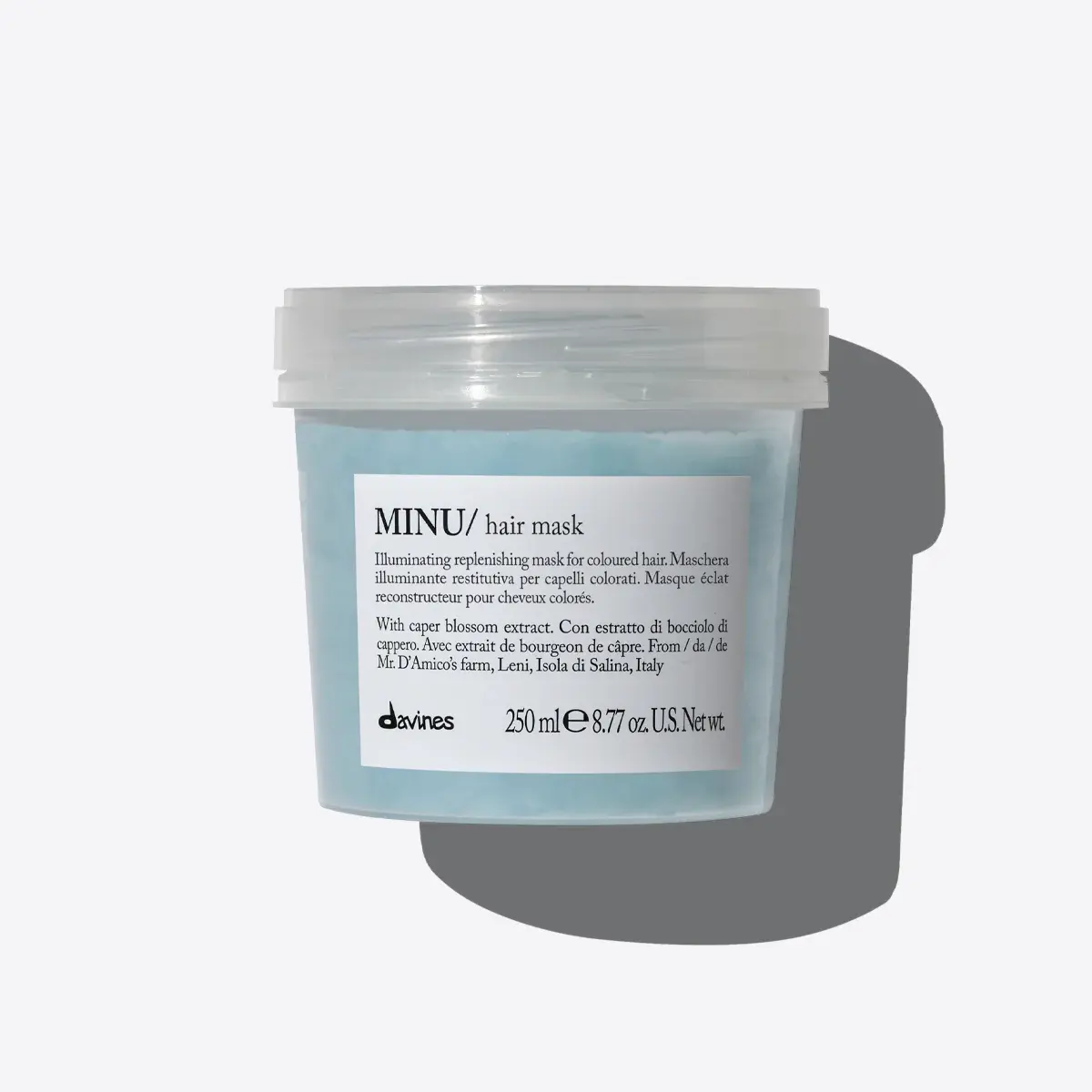 Davines Minu Hair Mask formula is designed to deeply nourish coloured hair, make it soft and silky, extending the duration of