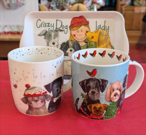 Two mugs and a Crazy Dog Lady tray. Visit Us 1 - New.