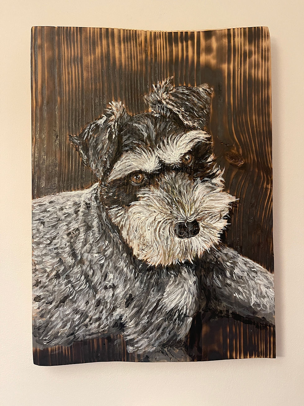 dog pyrography drawing on wood