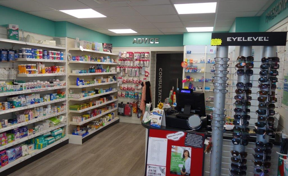 freshly stocked shelves in a pharmacy