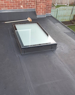 Flat roof with skylight and brush, New Flat Roofs. Brick wall in background.
