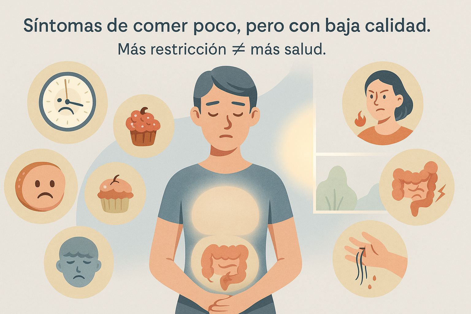Infografía ilustrada que muestra síntomas de comer poco con baja calidad nutricional: antojos constantes, hambre frecuente, caída de cabello, estreñimiento, irritabilidad, fatiga y ansiedad. Incluye figura central con órganos digestivos iluminados y texto: “Síntomas de comer poco, pero con baja calidad. Más restricción ≠ más salud.