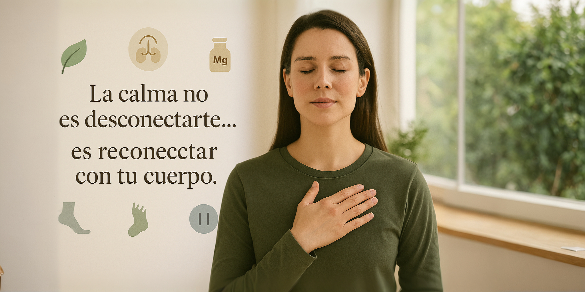 Fotografía inspiradora de una mujer con la mano en el pecho, ojos cerrados, rodeada de íconos como hoja, pausa, respiración, tape, magnesio. Texto: “La calma no es desconectarte… es reconectar con tu cuerpo.