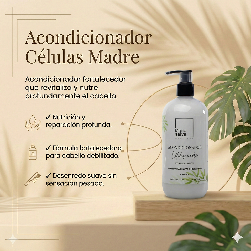 Infografía de características del acondicionador para cabello dañado: fórmula fortalecedora sin sales ni parabenos.
