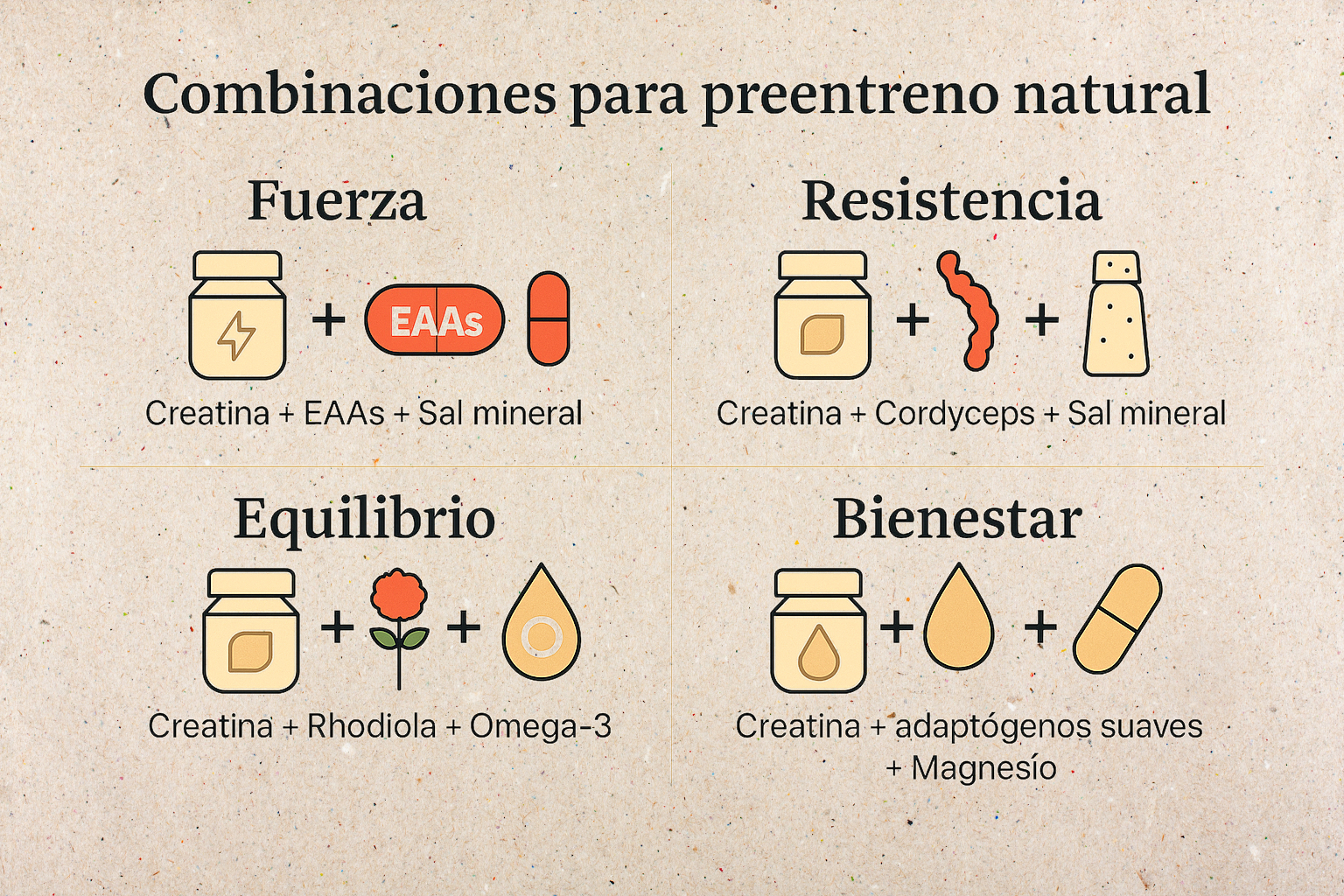 Infografía de combos naturales para preentreno según objetivo: fuerza, resistencia, equilibrio y bienestar. Creatina, cordyceps, rhodiola, EAA’s. Guía práctica Origen Health.