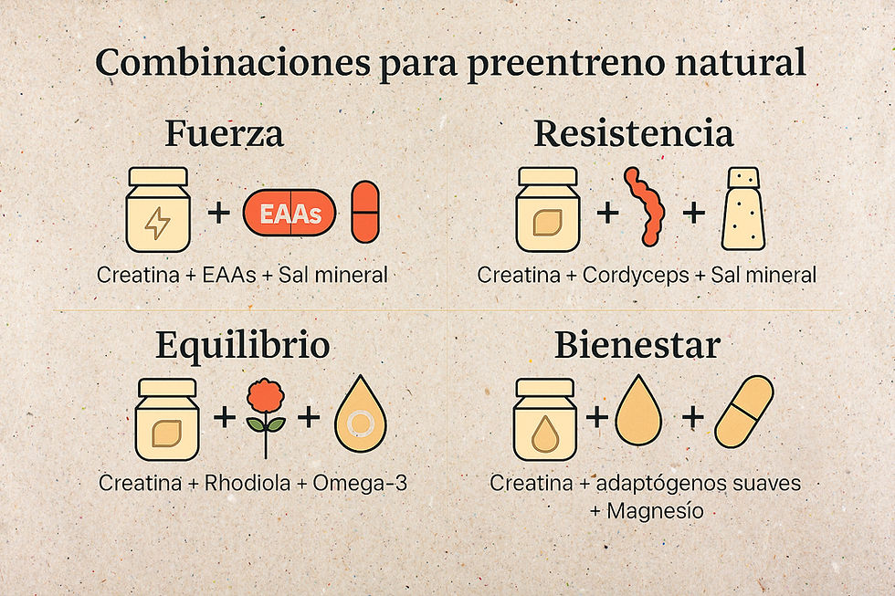 Infografía de combos naturales para preentreno según objetivo: fuerza, resistencia, equilibrio y bienestar. Creatina, cordyceps, rhodiola, EAA’s. Guía práctica Origen Health.