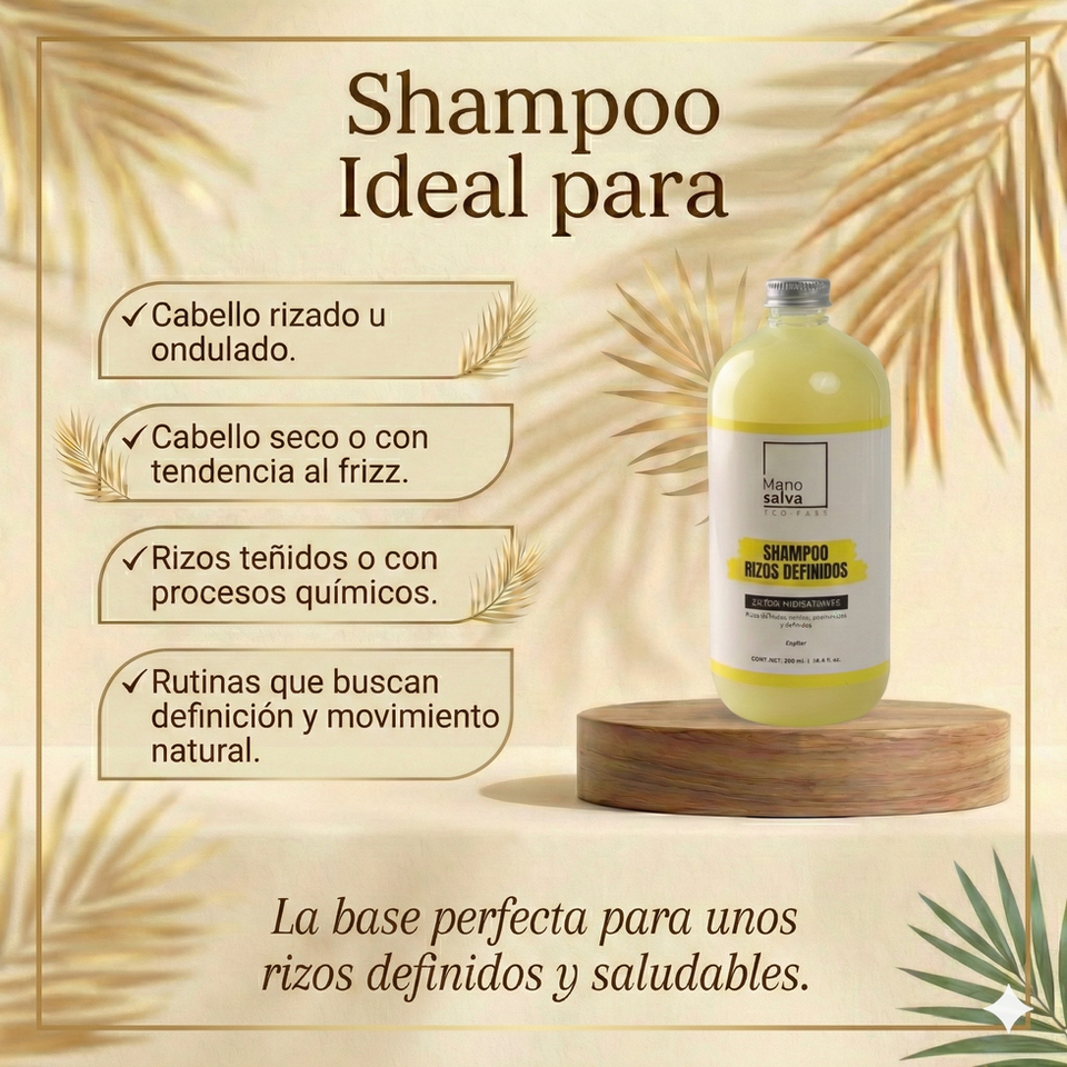 Infografía de características del shampoo para rizos definidos: textura suave apta para método curly, sin sulfatos ni sales.