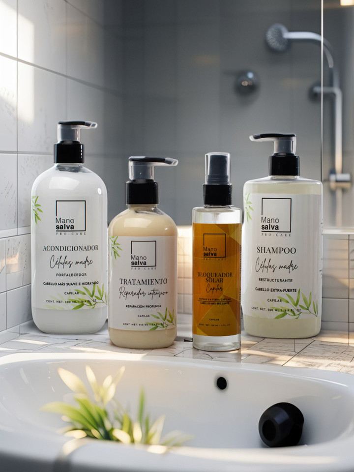 Línea de productos del tratamiento para cabello Maltratado de Manosalva Pro Care sobre fondo editorial oscuro.