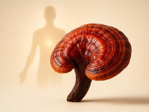 Primer plano del hongo Reishi fresco (Ganoderma lucidum) con fondo beige, símbolo natural de energía y equilibrio adaptógeno