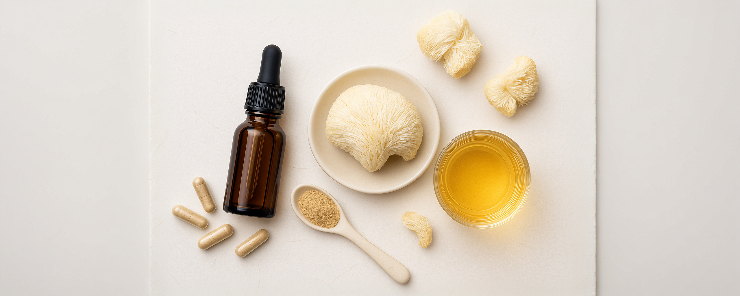 Formas de consumo del hongo Melena de León: extracto, cápsulas, polvo e infusión natural en fondo blanco, ideales para salud cerebral y digestiva