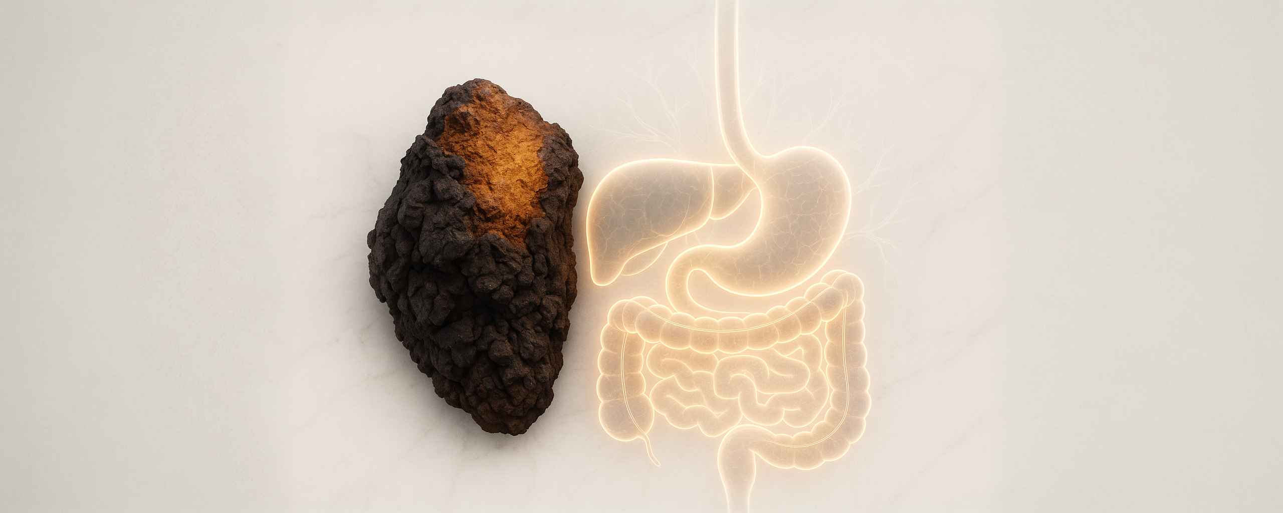 Sistema digestivo humano con enfoque en hígado, acompañado por hongo chaga, destacando beneficios digestivos y función detox natural