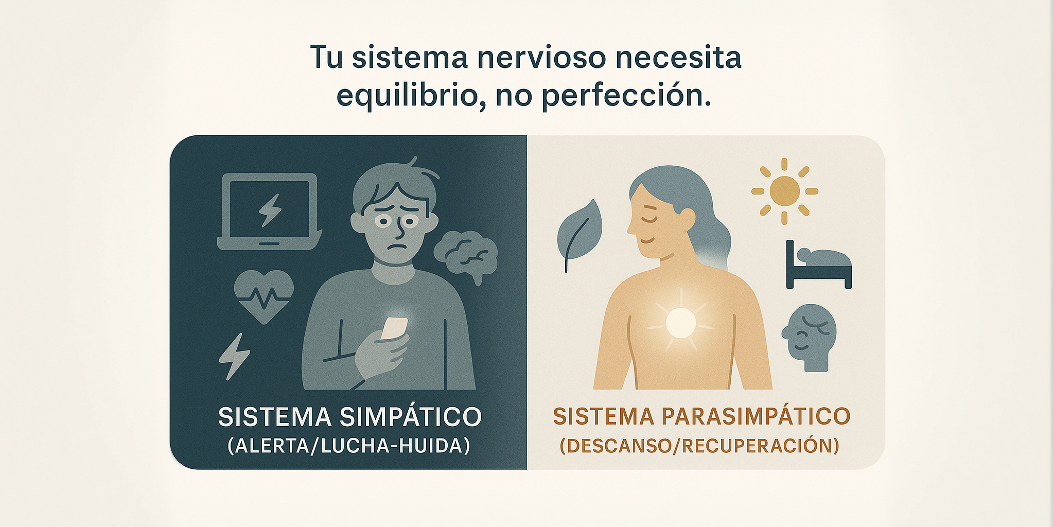 Infografía que muestra la diferencia entre el sistema simpático (alerta y estrés) y el sistema parasimpático (descanso y recuperación). Visual educativo con íconos simbólicos y colores contrastantes.