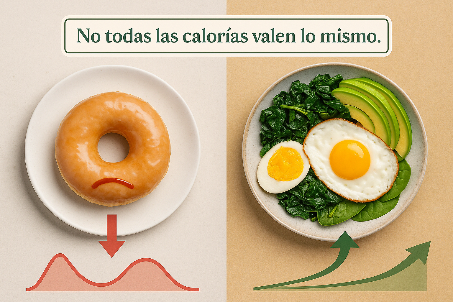 Infografía con una dona glaseada junto a una gráfica roja descendente que simboliza pico de azúcar, frente a un plato con huevos, aguacate y espinaca con una curva verde estable. Ilustra cómo las calorías pueden tener efectos diferentes según su origen.