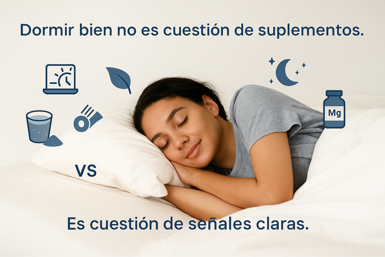 Póster editorial con mujer dormida en calma, rodeada de íconos: sol, luna, magnesio, hoja y tape. Transmite el mensaje de que el descanso profundo se logra con hábitos, no con fármacos.