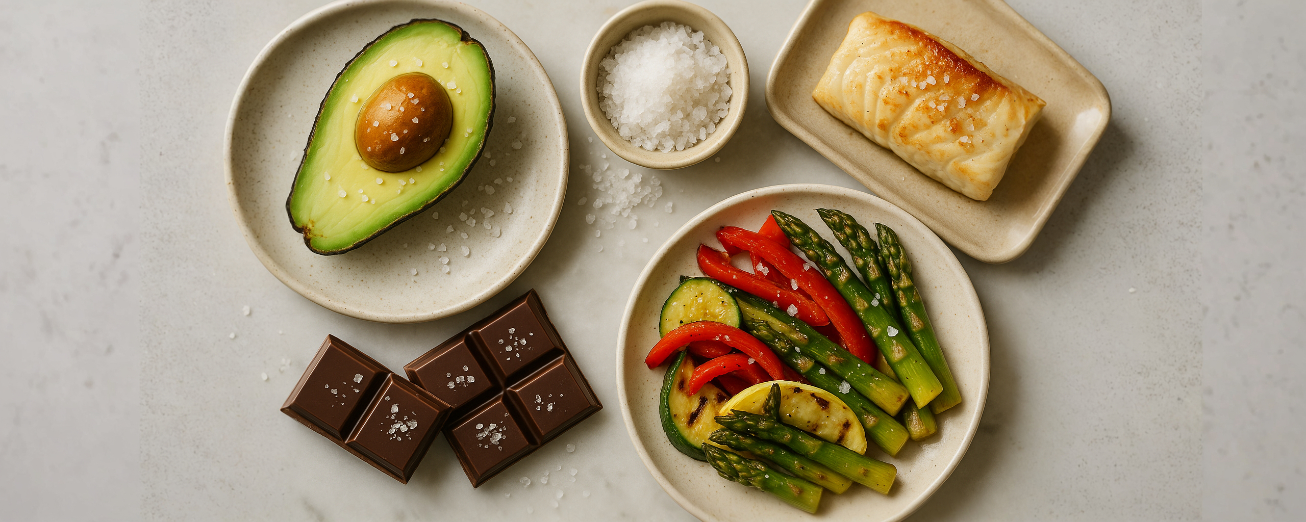 Flor de Sal espolvoreada sobre aguacate, chocolate, pescado y vegetales, demostrando su aplicación gourmet y saludable