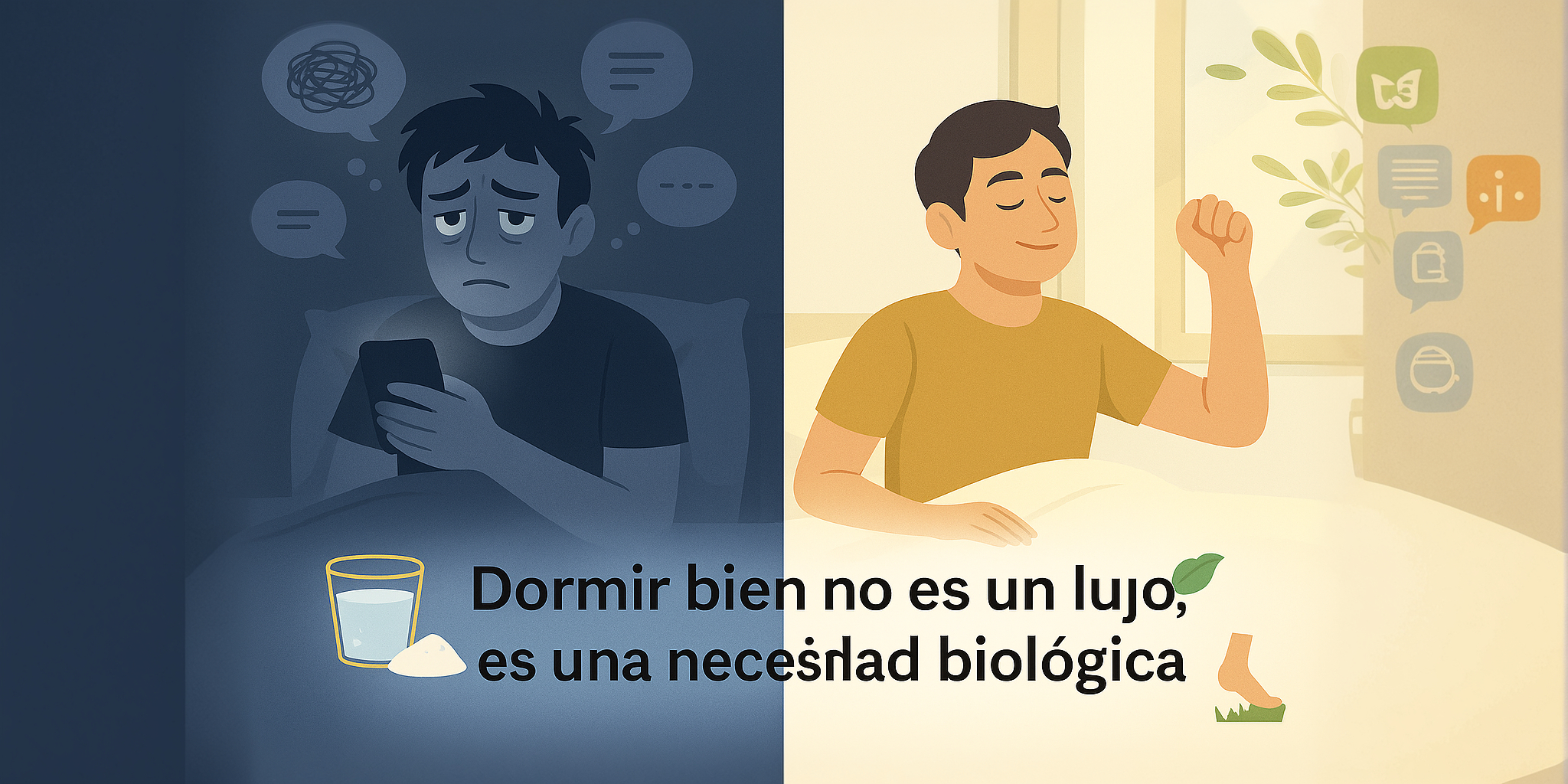 Ilustración comparativa entre una persona con insomnio y otra descansada. Representa cómo el mal sueño afecta energía, humor y claridad mental. Mensaje clave: dormir bien es necesidad biológica, no lujo.