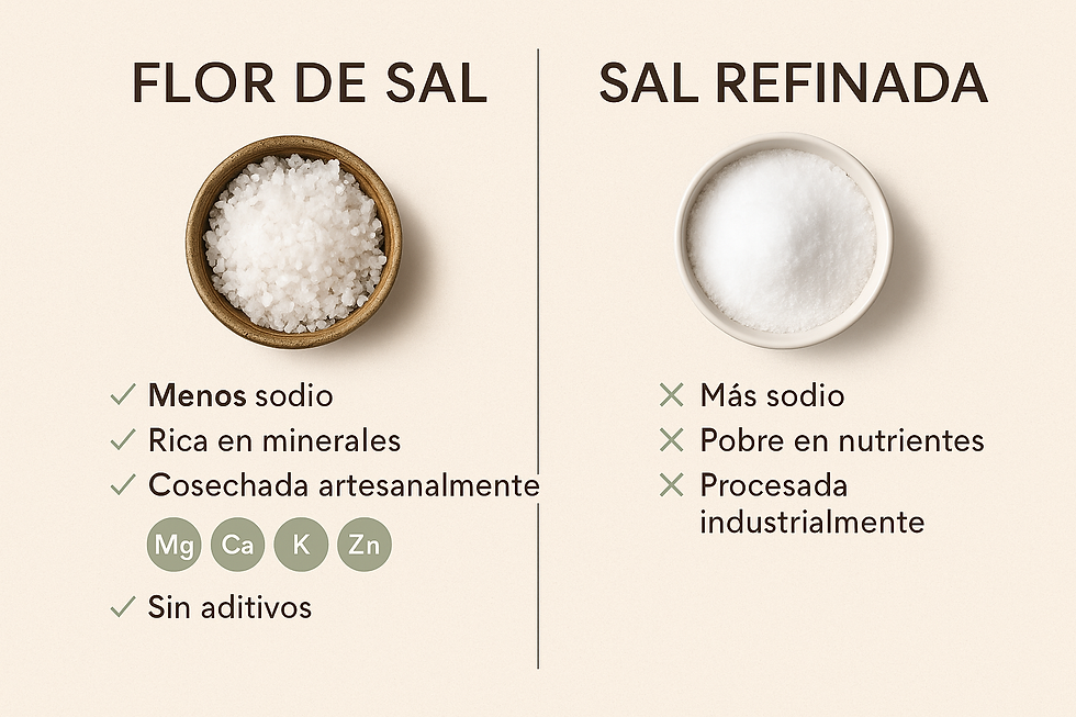 Comparación visual entre Flor de Sal y sal refinada, destacando sus diferencias en sodio, procesamiento y contenido mineral