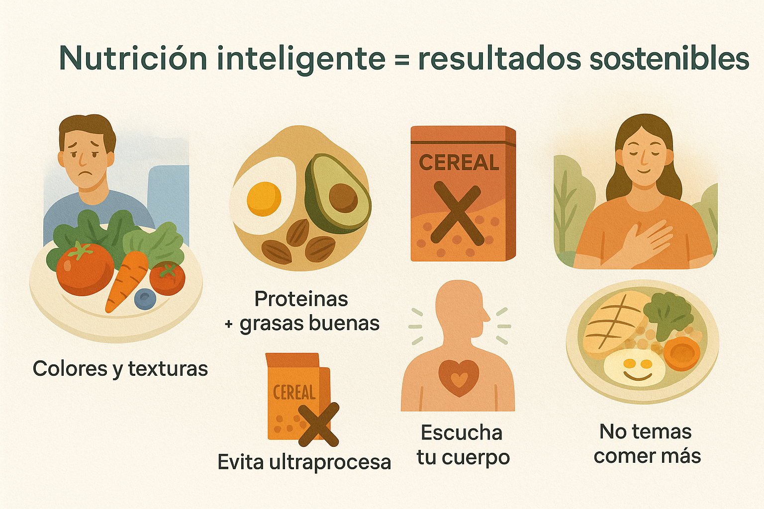 Infografía visual con 6 hábitos para mejorar la nutrición sin contar calorías: elegir colores y texturas naturales, consumir proteínas y grasas buenas (como huevo y aguacate), evitar ultraprocesados, escuchar al cuerpo, y perder el miedo a comer más. Mensaje principal: “Nutrición inteligente = resultados sostenibles”