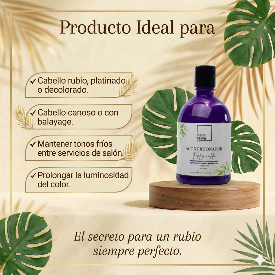 nfografía de características del shampoo matizador para rubios: pigmento violeta neutralizador y fórmula sin sales agresivas.