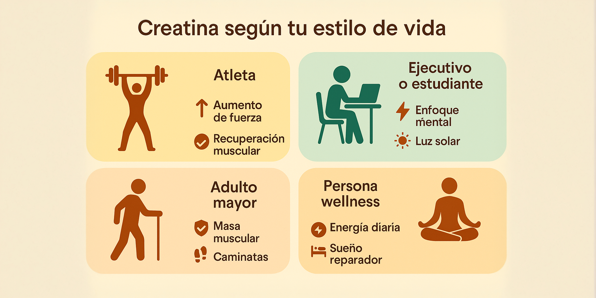Guía visual con perfiles de uso de creatina para atleta, estudiante, adulto mayor y persona wellness. Beneficios personalizados y hábitos aliados para cada estilo de vida. Origen Health.