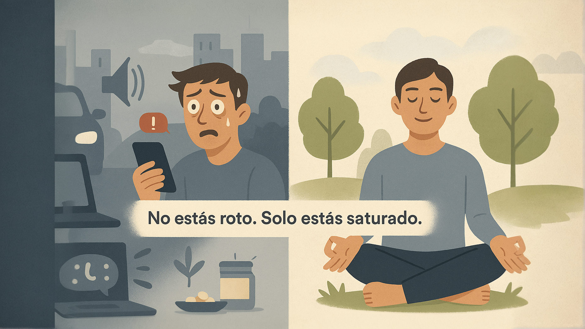 Ilustración comparativa de una persona con ansiedad rodeada de pantallas y ruido urbano, frente a la misma persona en calma en la naturaleza. Mensaje: la ansiedad es una respuesta de saturación, no un defecto.