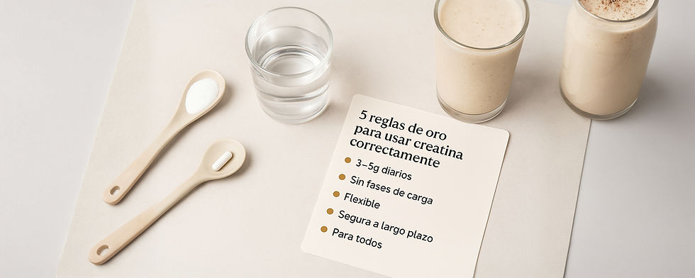 Composición editorial con creatina en polvo, vaso de agua y checklist visual con las 5 reglas de oro: dosis diaria, constancia, flexibilidad, seguridad y aplicación para todos. Origen Health.