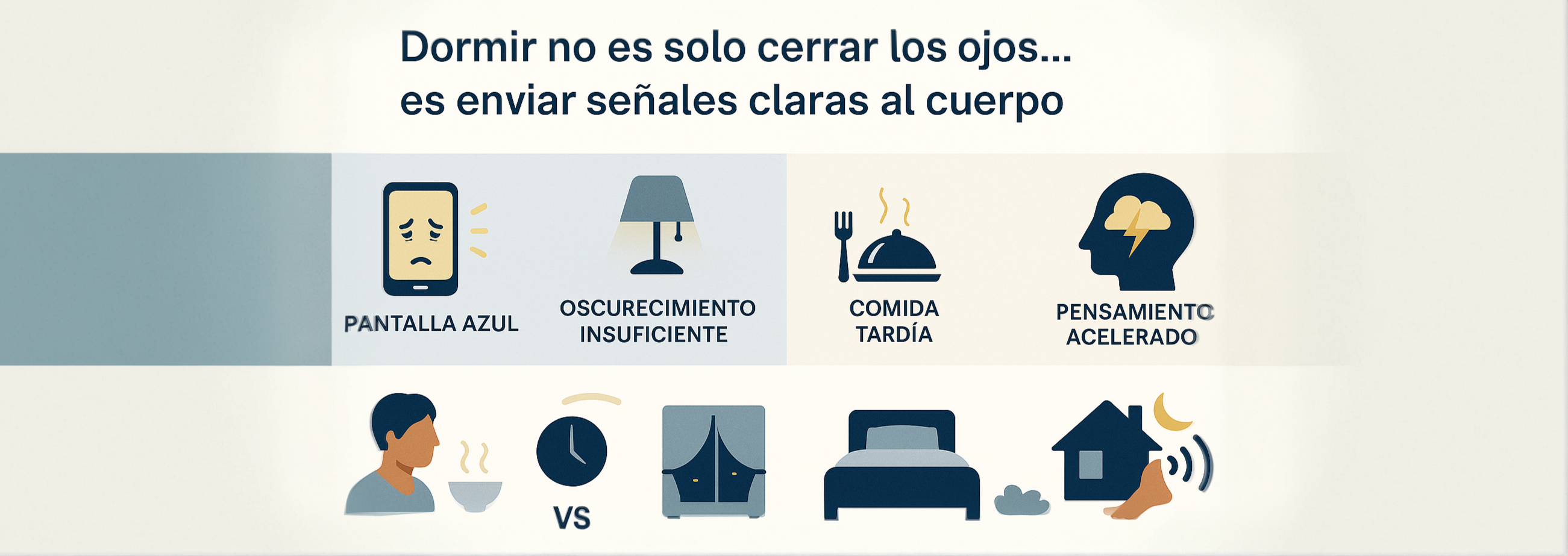 Infografía visual con 5 causas comunes del insomnio: pantalla azul, luces LED, cena tardía, pensamientos acelerados y ambiente sin ventilación. Señales equivocadas que interfieren con el sueño.