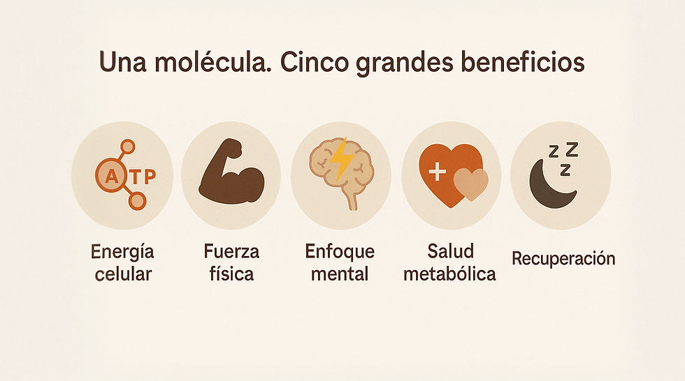 Infografía visual de cinco beneficios clave de la creatina: energía celular, fuerza física, enfoque mental, salud metabólica y recuperación. Suplementación natural con respaldo científico.