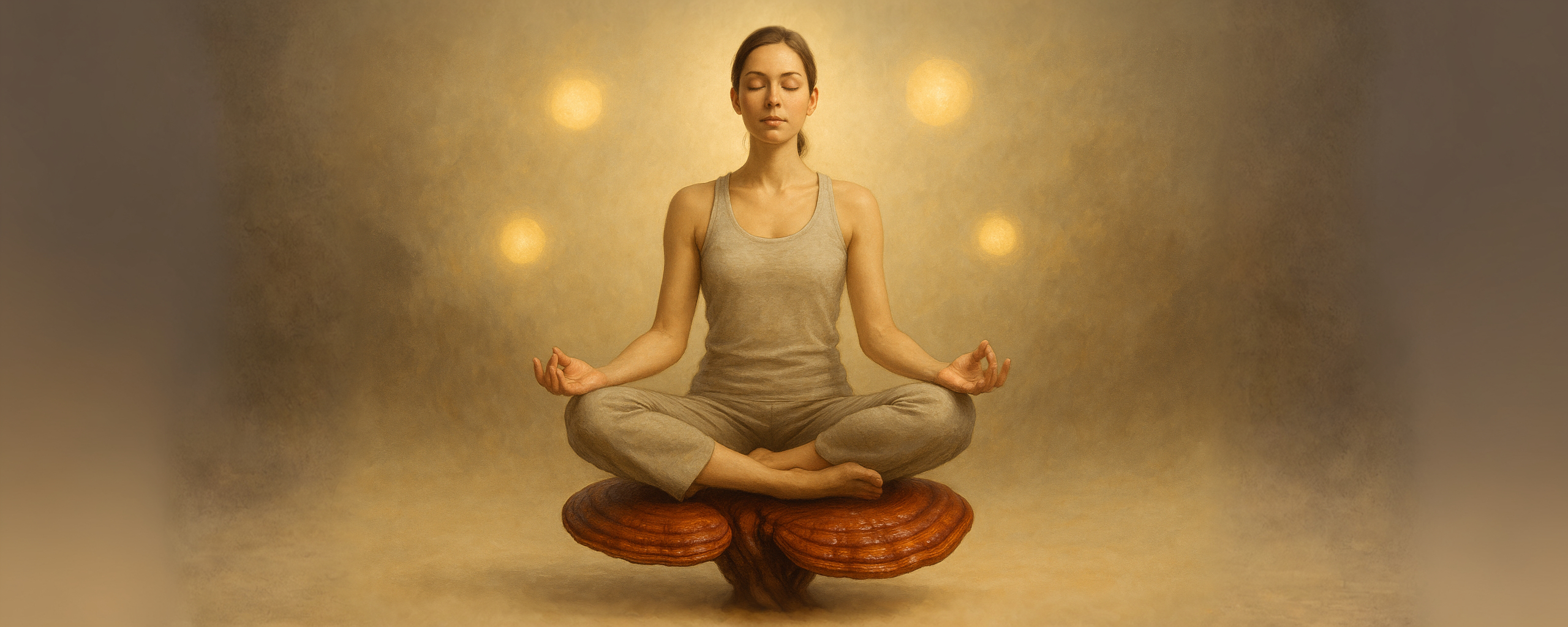 Mujer meditando en postura de loto sobre un hongo Reishi, rodeada de orbes dorados en fondo cálido, representando bienestar integral
