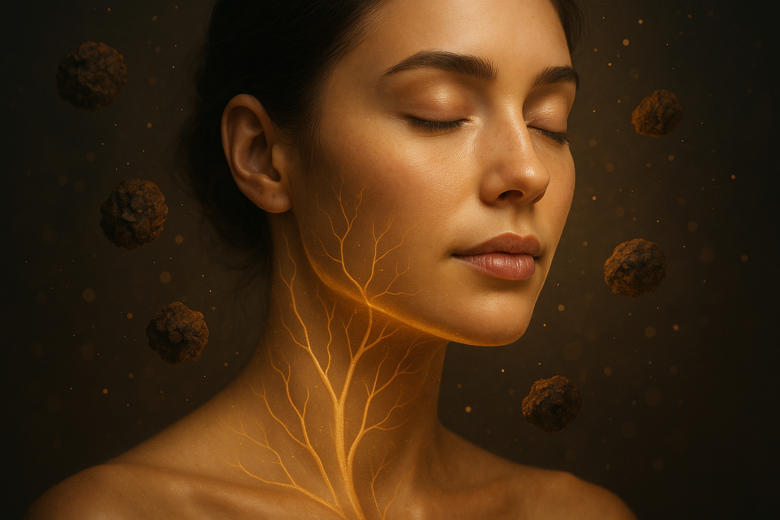 Regeneración celular y salud de la piel con chaga, ilustración simbólica del efecto antienvejecimiento del hongo chaga medicinal