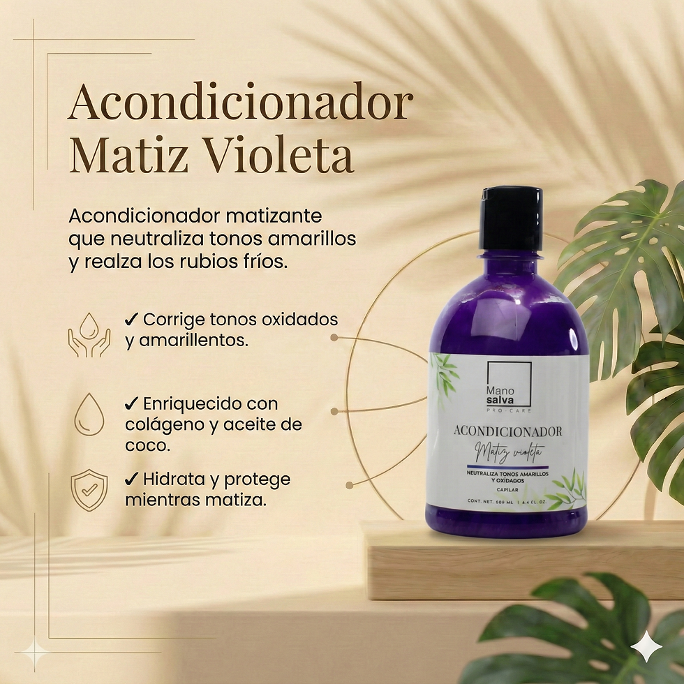 Infografía de características del shampoo matizador para rubios: pigmento violeta neutralizador y fórmula sin sales agresivas