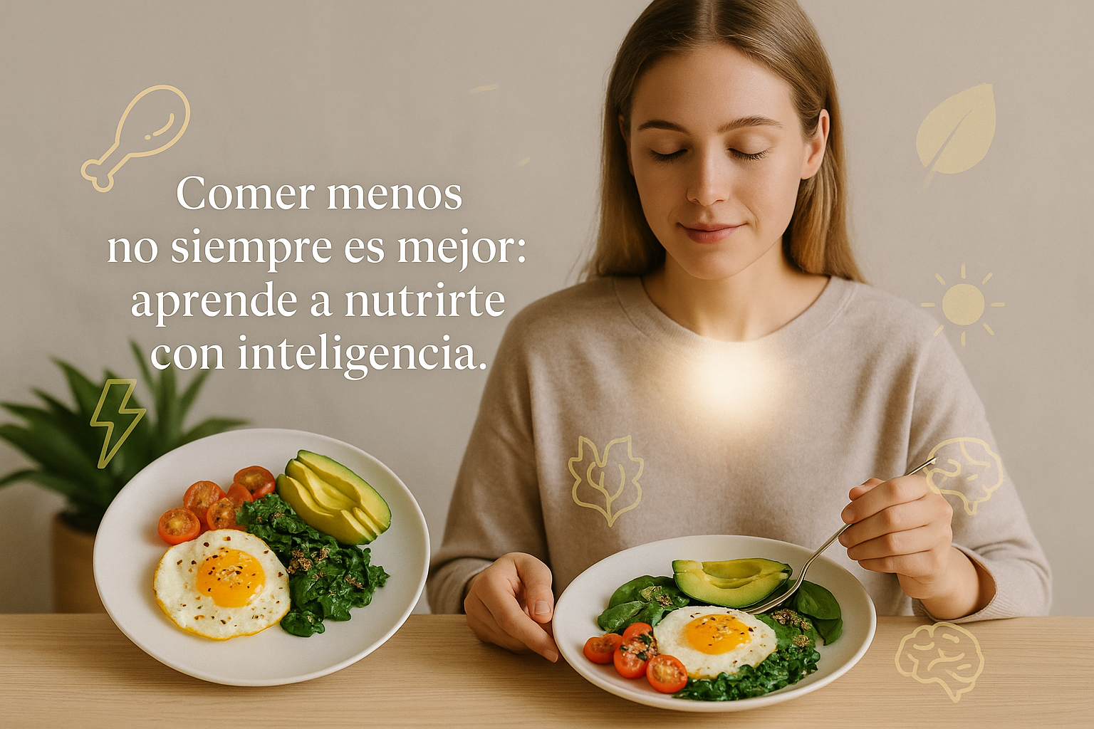 Imagen editorial de una persona comiendo en calma un plato colorido y balanceado. A su alrededor flotan íconos que representan alimentos reales como huevo, aguacate, avena y manzana. Texto principal: “Comer menos no siempre es mejor: aprende a nutrirte con inteligencia.”