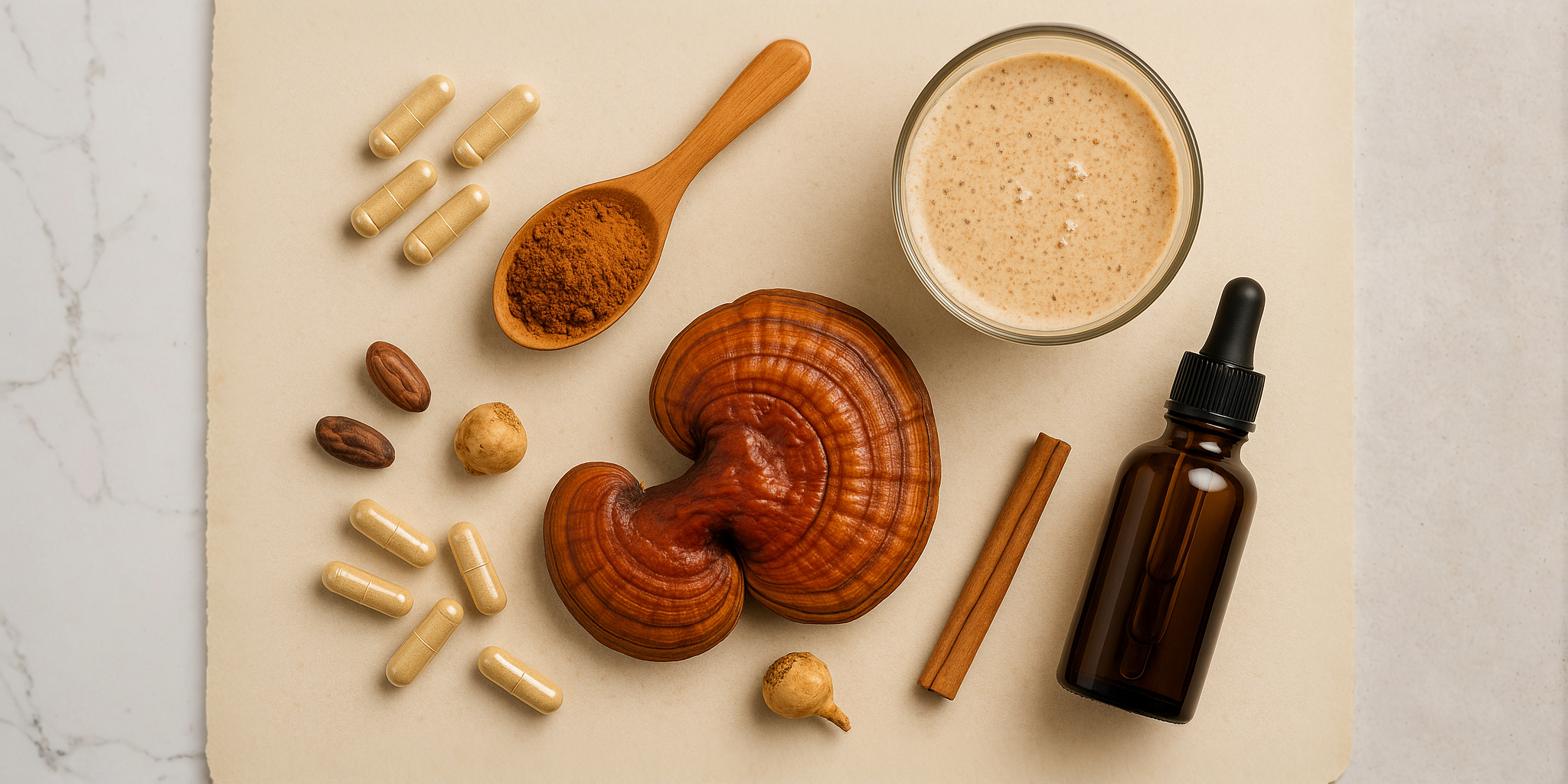 Flat-lay con cápsulas de Reishi, polvo, smoothie y extracto líquido, acompañado de cacao, maca y canela sobre fondo beige claro