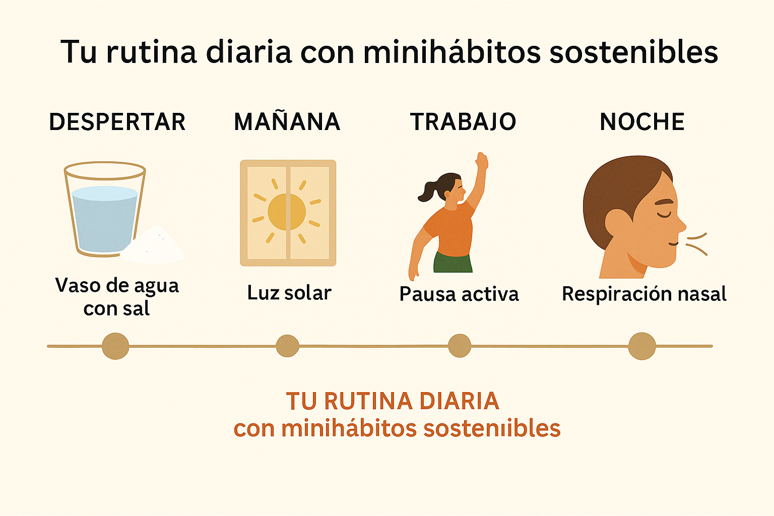 Composición editorial con objetos que representan 5 minihábitos: agua con sal, respiración nasal, luz natural, pausa activa y grounding. Estilo natural y realista para bienestar integral.