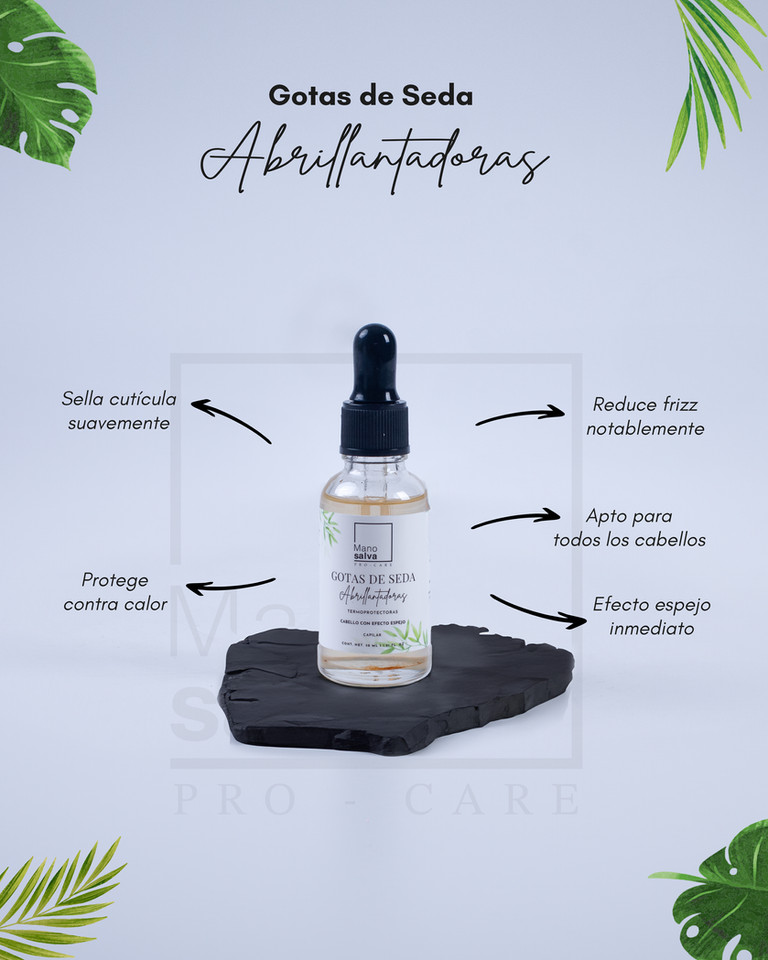 Infografía de beneficios del sérum antifrizz capilar: brillo tridimensional, frizz controlado y puntas selladas al instante.