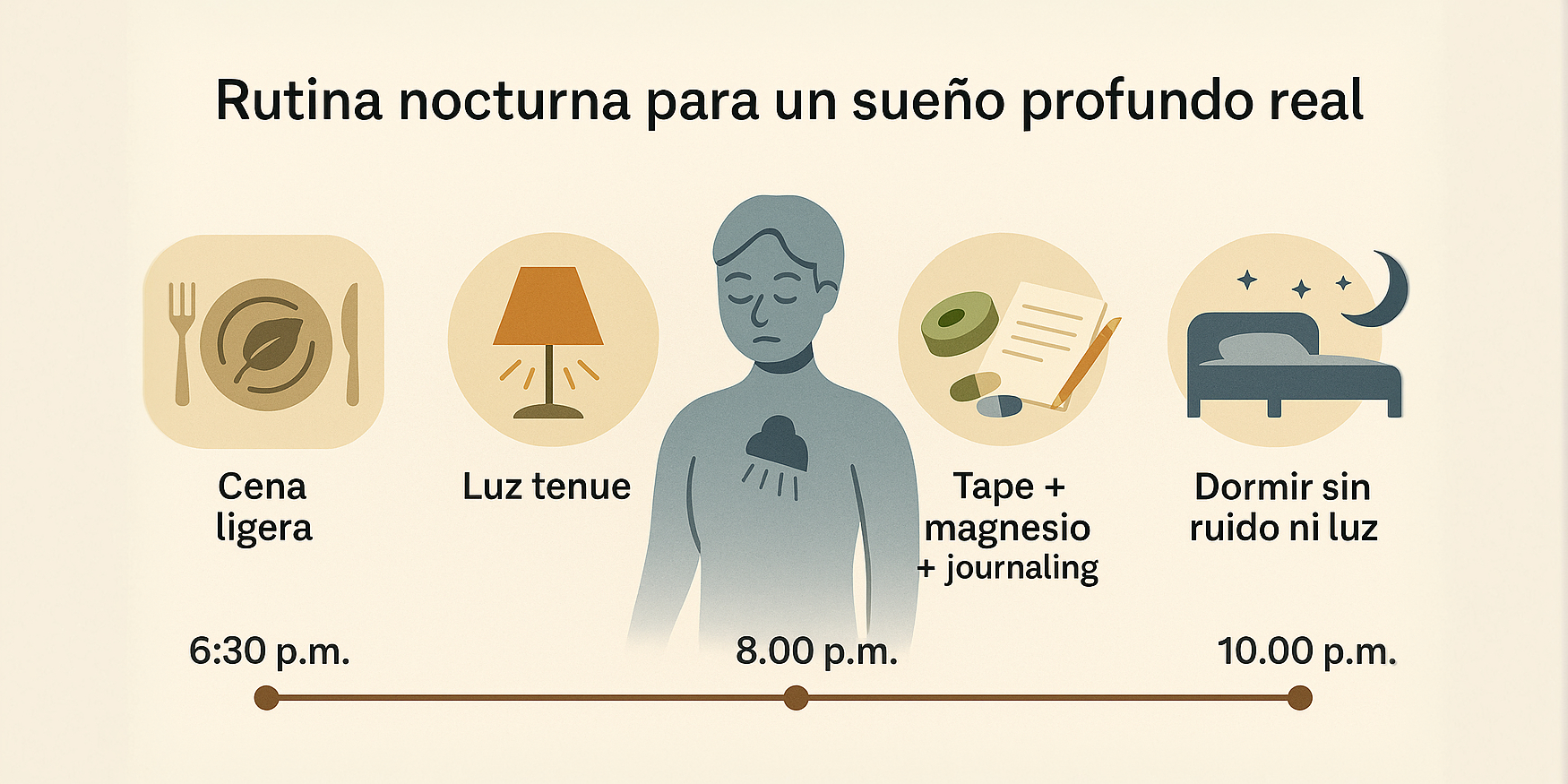 Infografía en línea de tiempo con los pasos para mejorar el sueño: cena ligera, apagar luces, ducha o respiración, tape y magnesio, dormir sin ruido ni luz. Ideal para imprimir y aplicar.