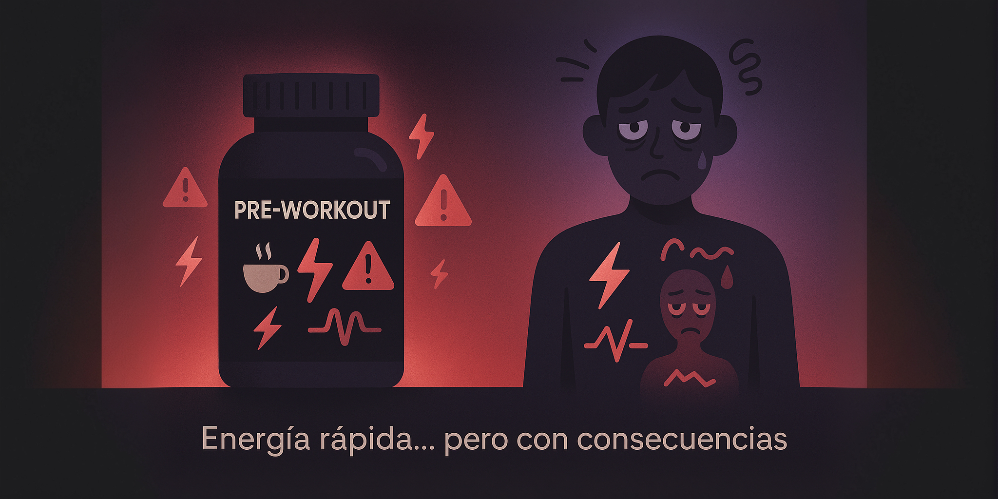Ilustración de los efectos negativos del preentreno con cafeína como fatiga, ansiedad y crash energético. Comparación entre estimulantes sintéticos y alternativas naturales. Origen Health